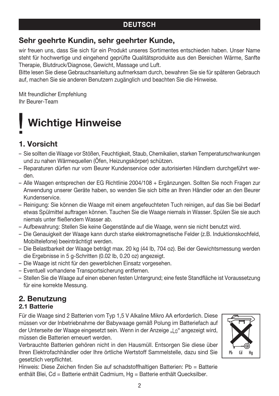 Wichtige hinweise, Sehr geehrte kundin, sehr geehrter kunde, Vorsicht | Benutzung | Beurer BY 80 User Manual | Page 2 / 24