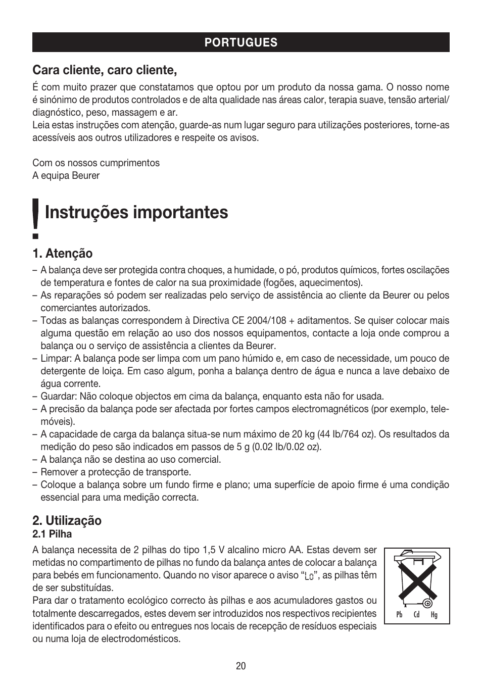 Instruções importantes, Cara cliente, caro cliente, Atenção | Utilização | Beurer BY 80 User Manual | Page 20 / 24