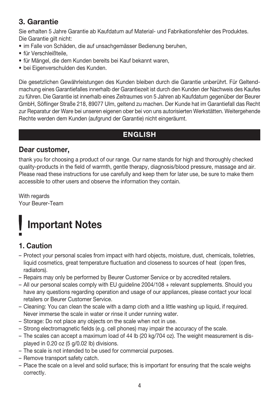 Garantie, Dear customer, Caution | Beurer BY 80 User Manual | Page 4 / 24