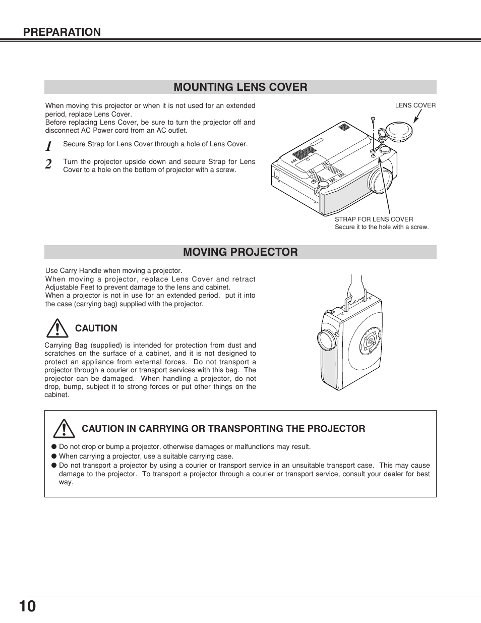 Preparation, Moving projector, Mounting lens cover | Canon LV-7355 LV-7350 User Manual | Page 10 / 48
