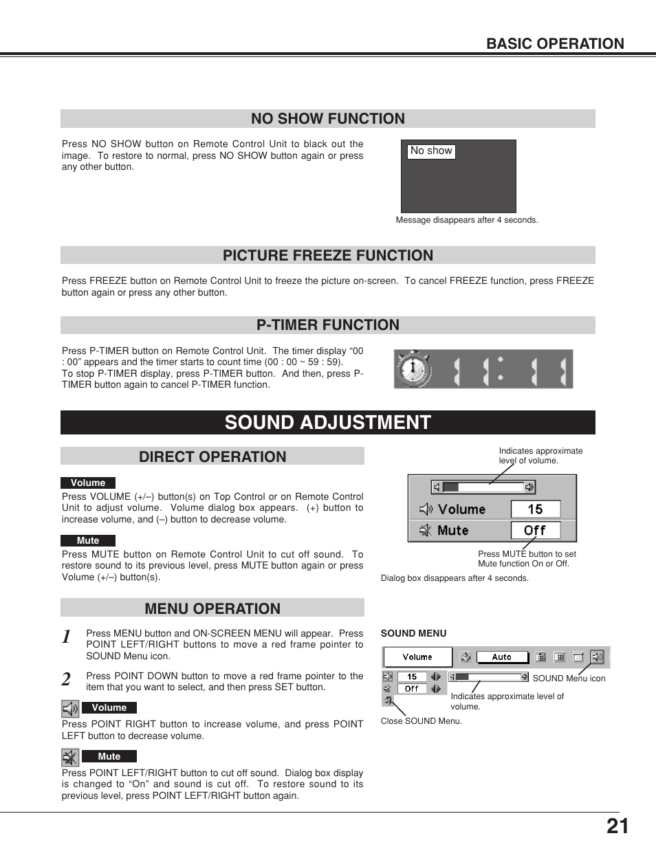 Sound adjustment, Basic operation, No show function picture freeze function | P-timer function, Direct operation menu operation | Canon LV-7355 LV-7350 User Manual | Page 21 / 48