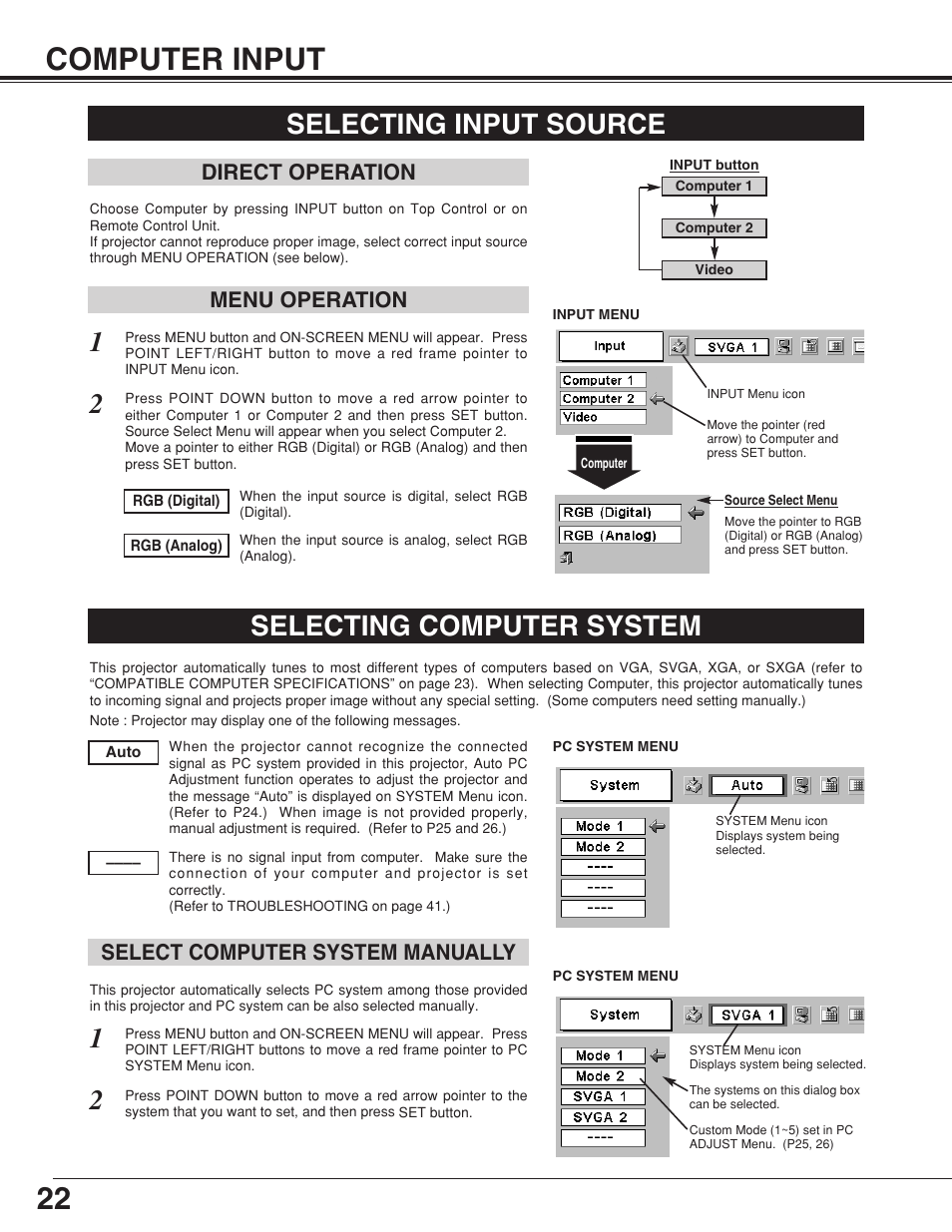 22 computer input, Selecting input source, Selecting computer system | Menu operation direct operation, Select computer system manually | Canon LV-7355 LV-7350 User Manual | Page 22 / 48