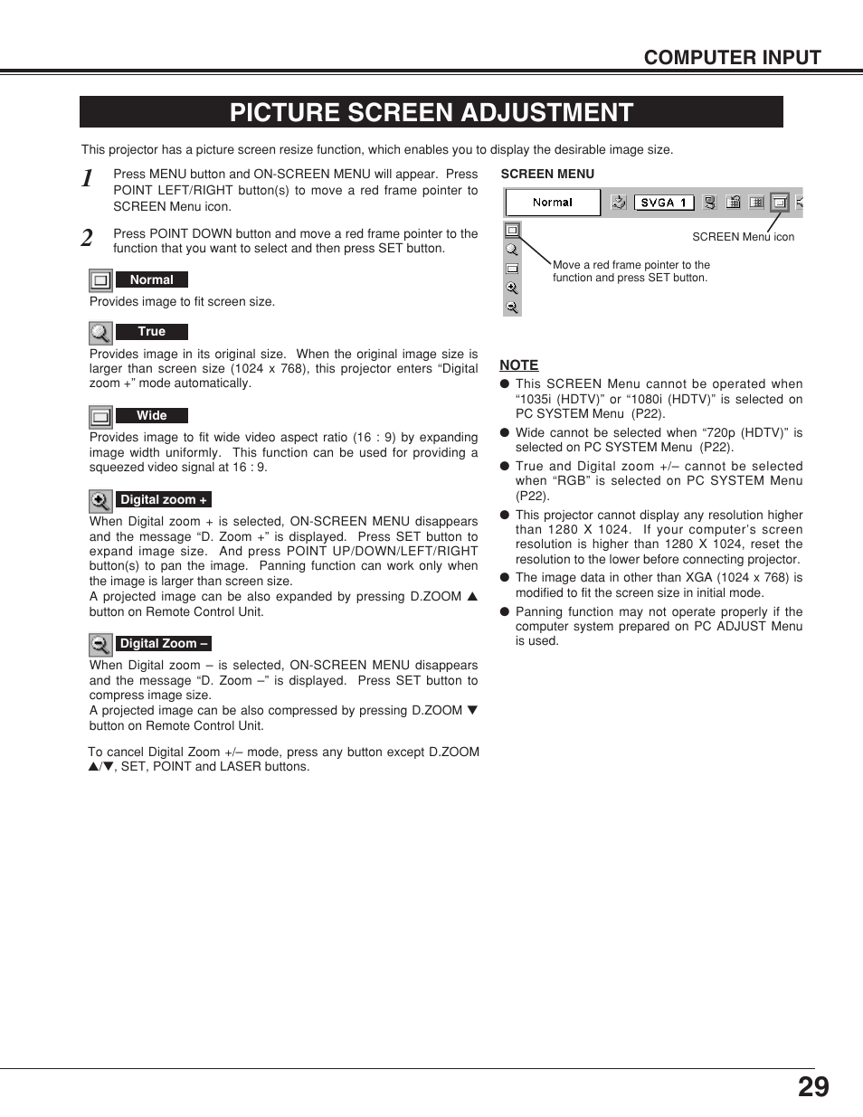 Picture screen adjustment, Computer input | Canon LV-7355 LV-7350 User Manual | Page 29 / 48