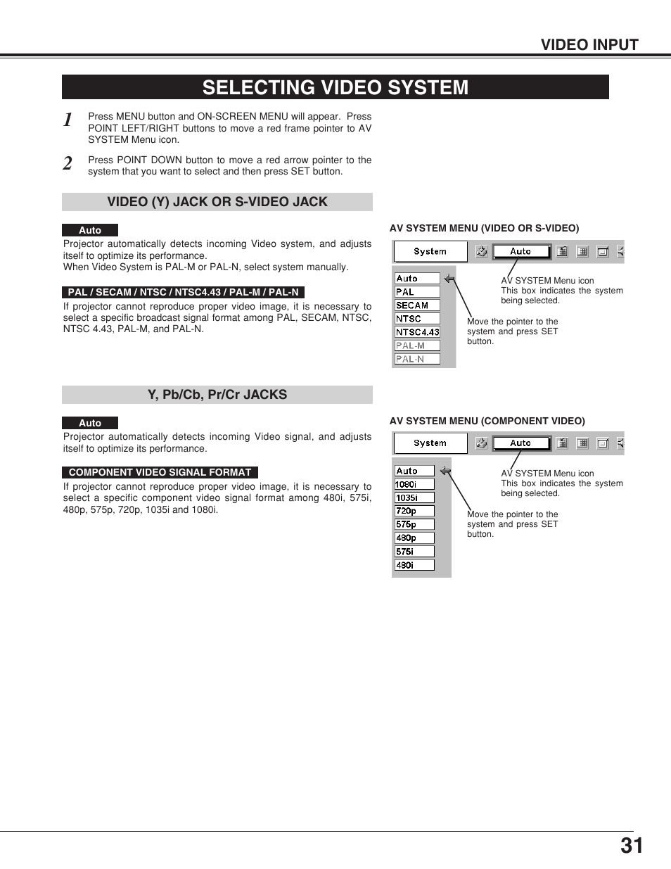 Selecting video system, Video input | Canon LV-7355 LV-7350 User Manual | Page 31 / 48