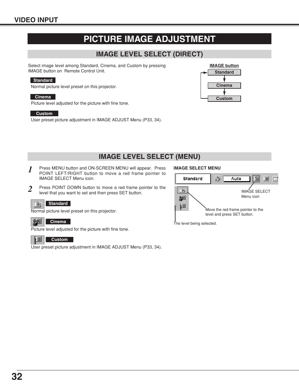 Picture image adjustment, Video input, Image level select (menu) | Image level select (direct) | Canon LV-7355 LV-7350 User Manual | Page 32 / 48