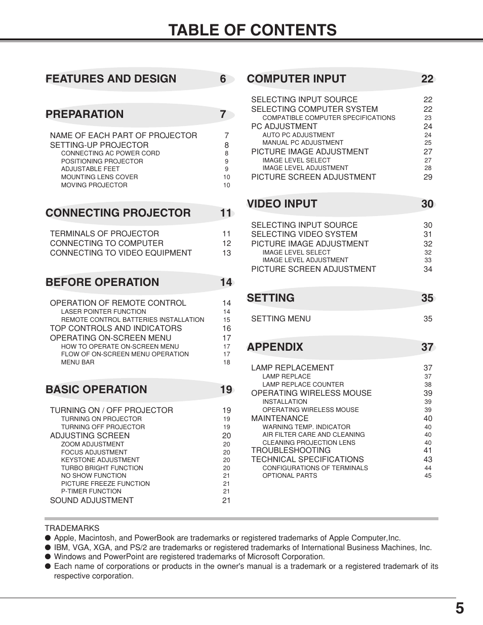 5table of contents, Connecting projector 11, Basic operation 19 | Canon LV-7355 LV-7350 User Manual | Page 5 / 48