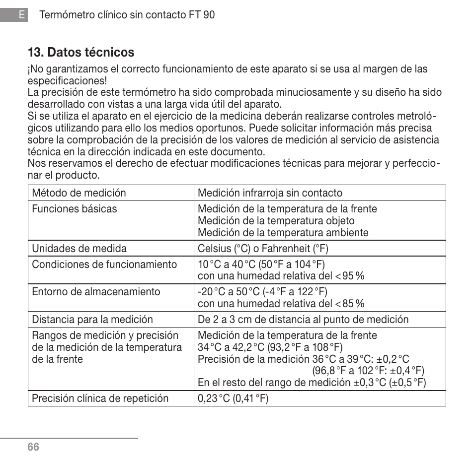 Datos técnicos | Beurer FT 90 User Manual | Page 66 / 144