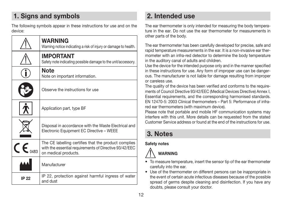 Signs and symbols, Intended use, Warning | Important | Beurer FT 78 User Manual | Page 12 / 72