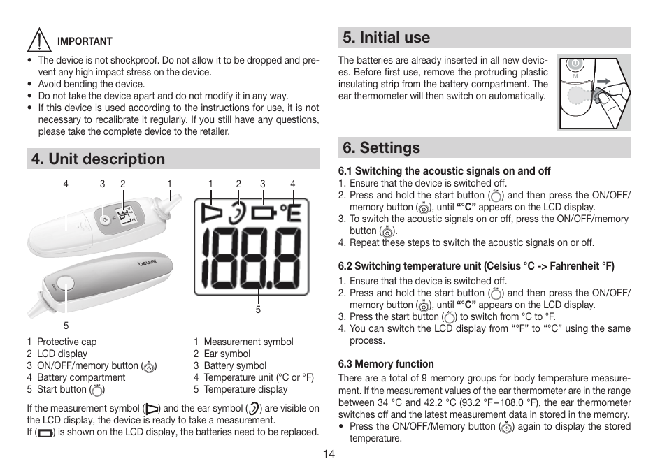 Unit description, Initial use, Settings | Beurer FT 78 User Manual | Page 14 / 72