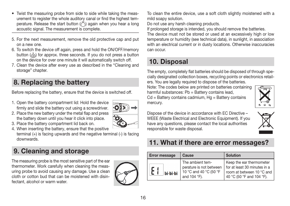 Replacing the battery, Cleaning and storage, Disposal | What if there are error messages | Beurer FT 78 User Manual | Page 16 / 72