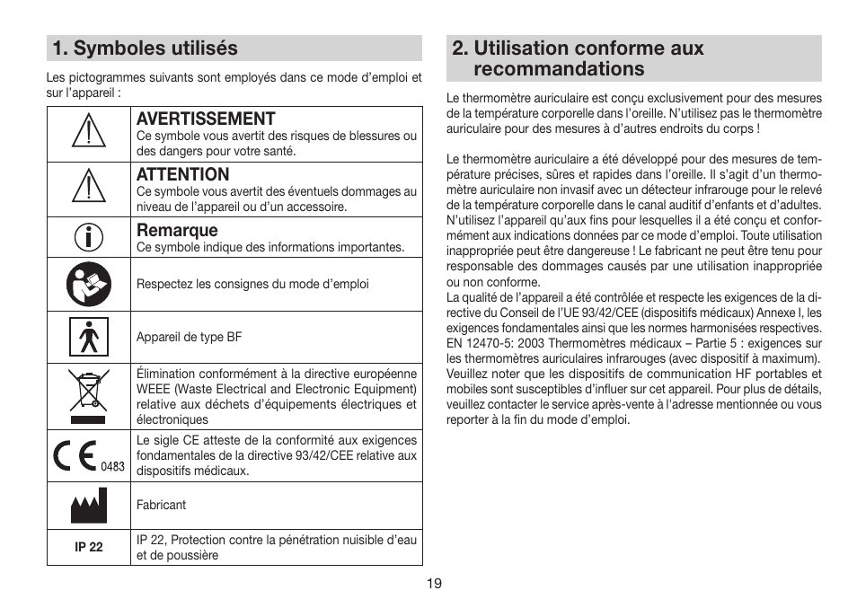 Symboles utilisés, Utilisation conforme aux recommandations, Avertissement | Attention, Remarque | Beurer FT 78 User Manual | Page 19 / 72