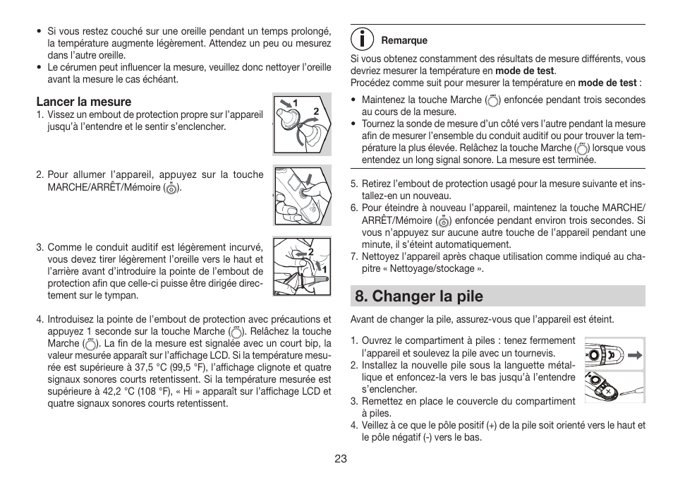 Changer la pile, Lancer la mesure | Beurer FT 78 User Manual | Page 23 / 72