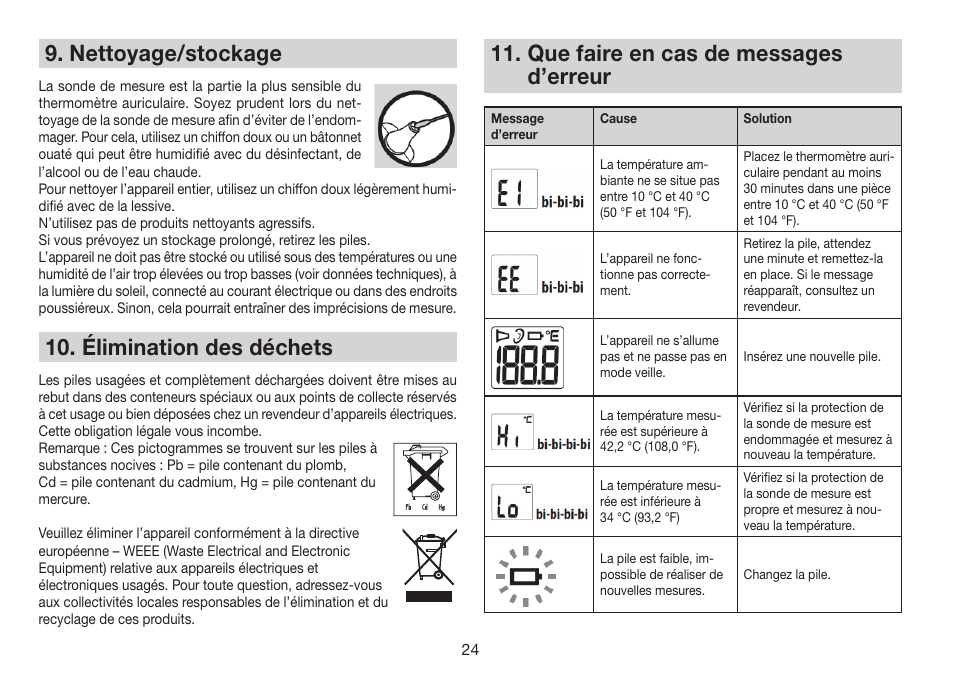 Nettoyage/stockage, Élimination des déchets, Que faire en cas de messages d’erreur | Beurer FT 78 User Manual | Page 24 / 72