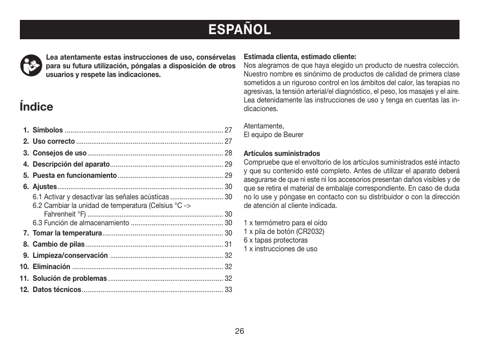 Español, Índice | Beurer FT 78 User Manual | Page 26 / 72
