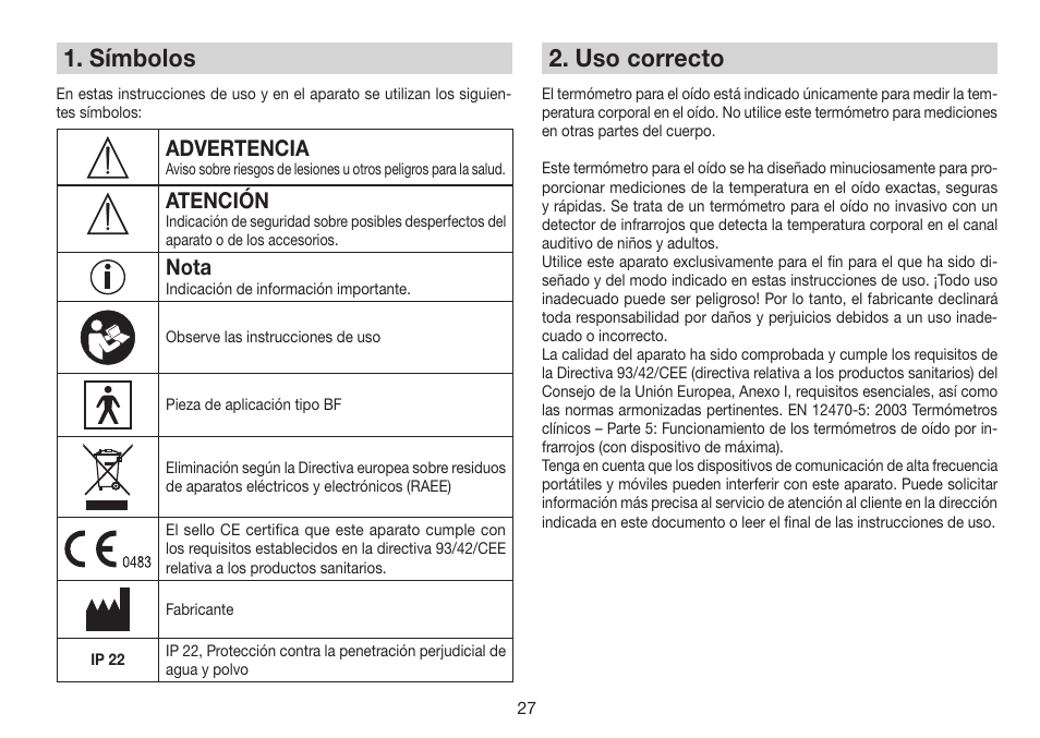 Símbolos, Uso correcto, Advertencia | Atención, Nota | Beurer FT 78 User Manual | Page 27 / 72