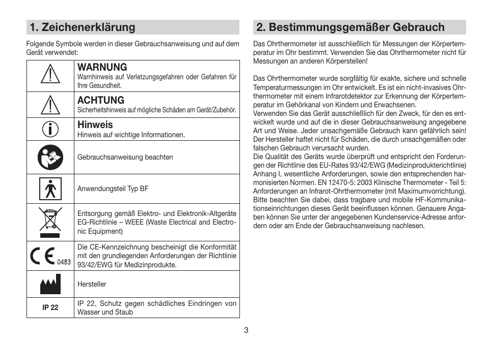 Zeichenerklärung, Bestimmungsgemäßer gebrauch, Warnung | Achtung, Hinweis | Beurer FT 78 User Manual | Page 3 / 72