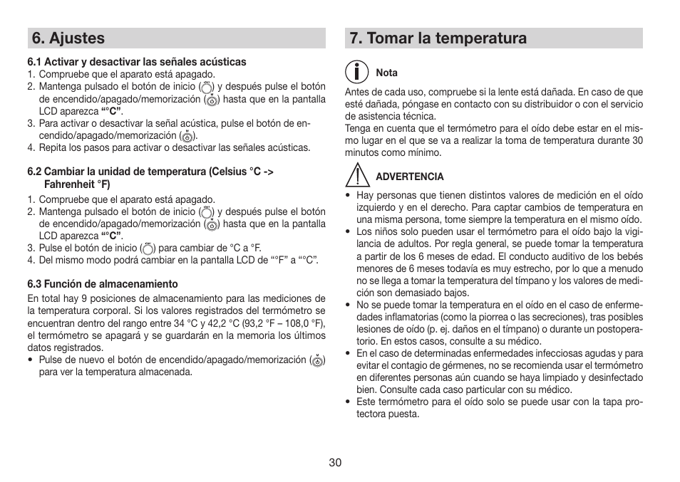 Ajustes, Tomar la temperatura | Beurer FT 78 User Manual | Page 30 / 72