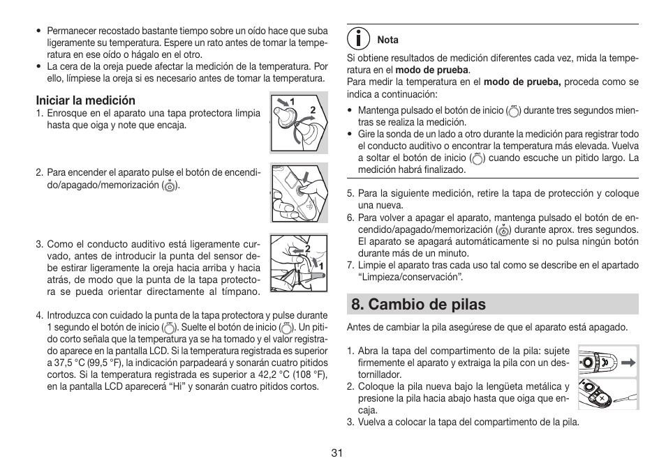 Cambio de pilas, Iniciar la medición | Beurer FT 78 User Manual | Page 31 / 72