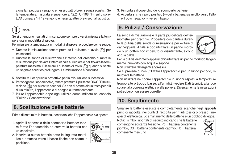Sostituzione delle batterie, Pulizia / conservazione, Smaltimento | Beurer FT 78 User Manual | Page 39 / 72