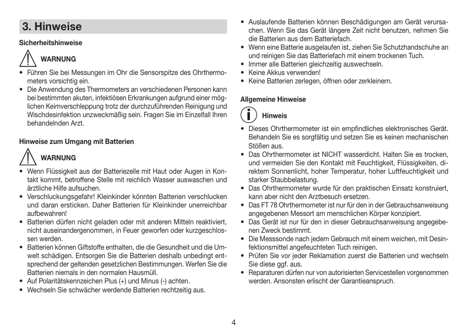 Hinweise | Beurer FT 78 User Manual | Page 4 / 72