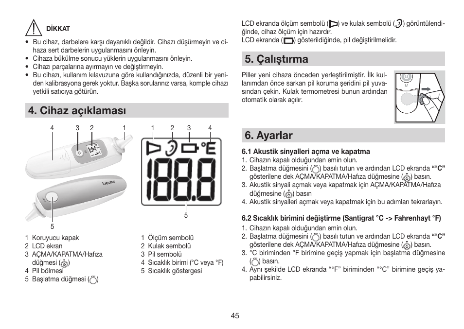 Cihaz açıklaması, Çalıştırma, Ayarlar | Beurer FT 78 User Manual | Page 45 / 72