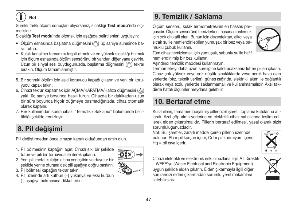 Pil değişimi, Temizlik / saklama, Bertaraf etme | Beurer FT 78 User Manual | Page 47 / 72