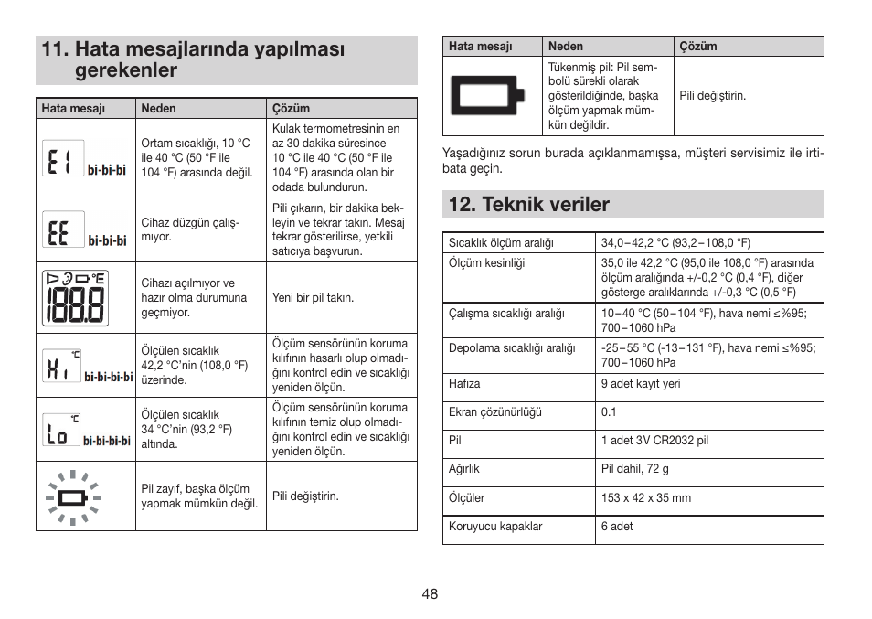 Hata mesajlarında yapılması gerekenler, Teknik veriler | Beurer FT 78 User Manual | Page 48 / 72