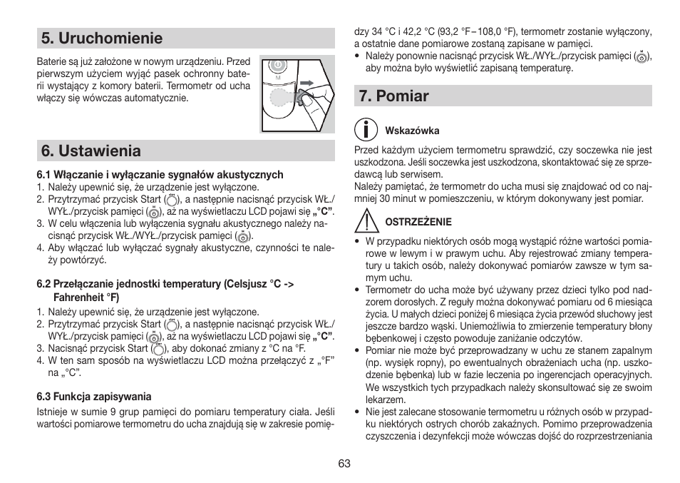 Uruchomienie, Ustawienia, Pomiar | Beurer FT 78 User Manual | Page 63 / 72