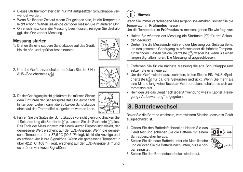 Batteriewechsel, Messung starten | Beurer FT 78 User Manual | Page 7 / 72