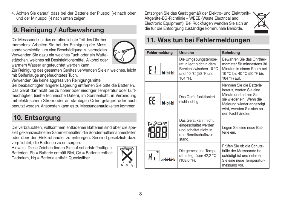 Reinigung / aufbewahrung, Entsorgung, Was tun bei fehlermeldungen | Beurer FT 78 User Manual | Page 8 / 72