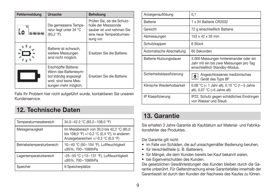 Technische daten, Garantie | Beurer FT 78 User Manual | Page 9 / 72