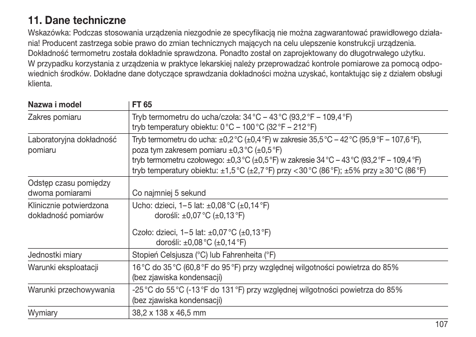 Dane techniczne | Beurer FT 65 User Manual | Page 107 / 112