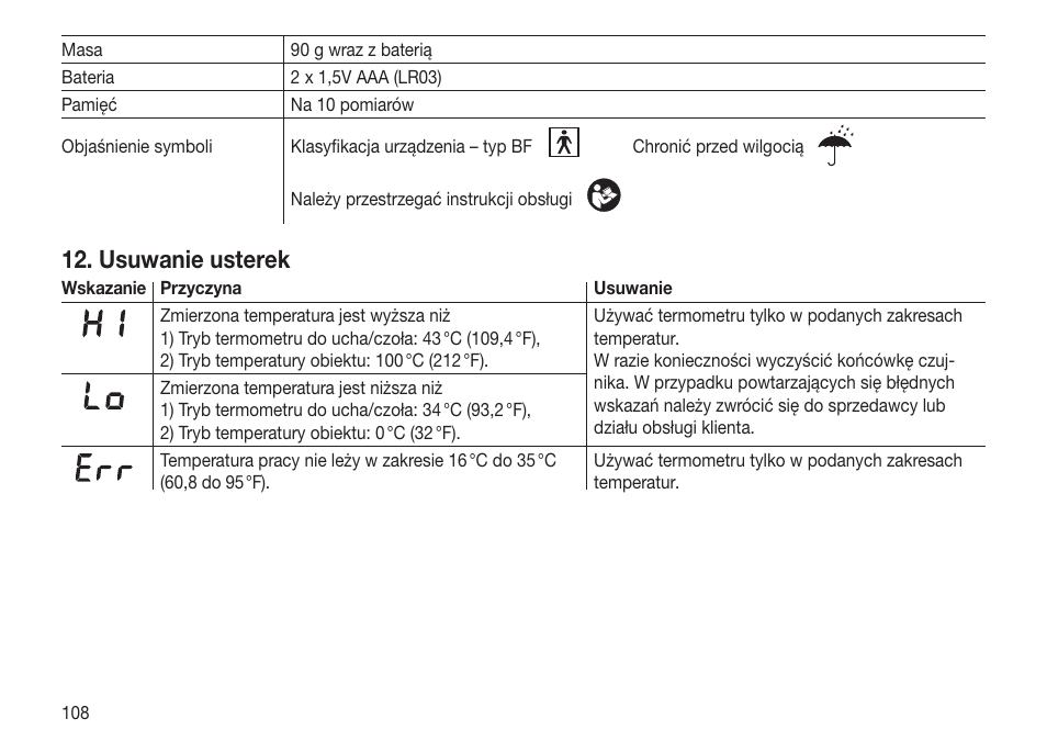 Usuwanie usterek | Beurer FT 65 User Manual | Page 108 / 112