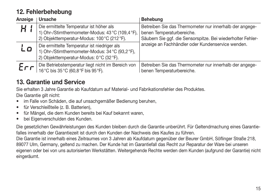 Fehlerbehebung, Garantie und service | Beurer FT 65 User Manual | Page 15 / 112