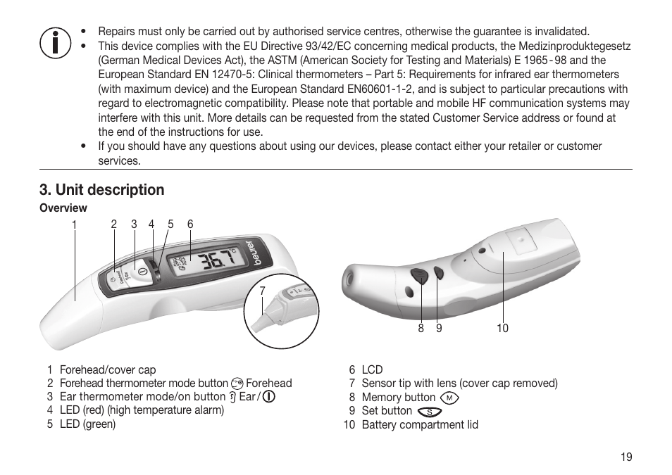 Unit description | Beurer FT 65 User Manual | Page 19 / 112