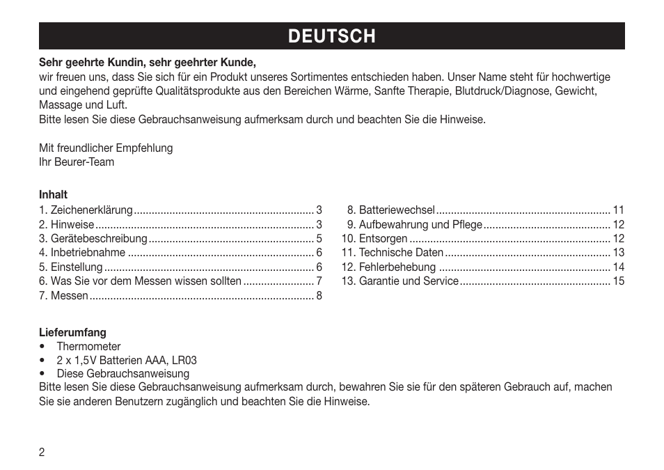 Deutsch | Beurer FT 65 User Manual | Page 2 / 112