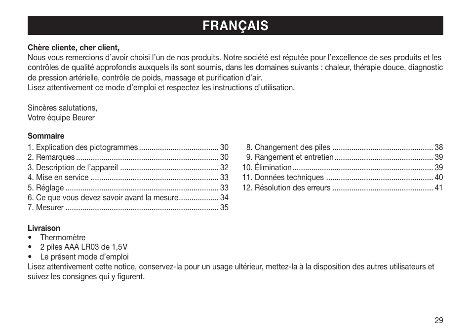 Français | Beurer FT 65 User Manual | Page 29 / 112