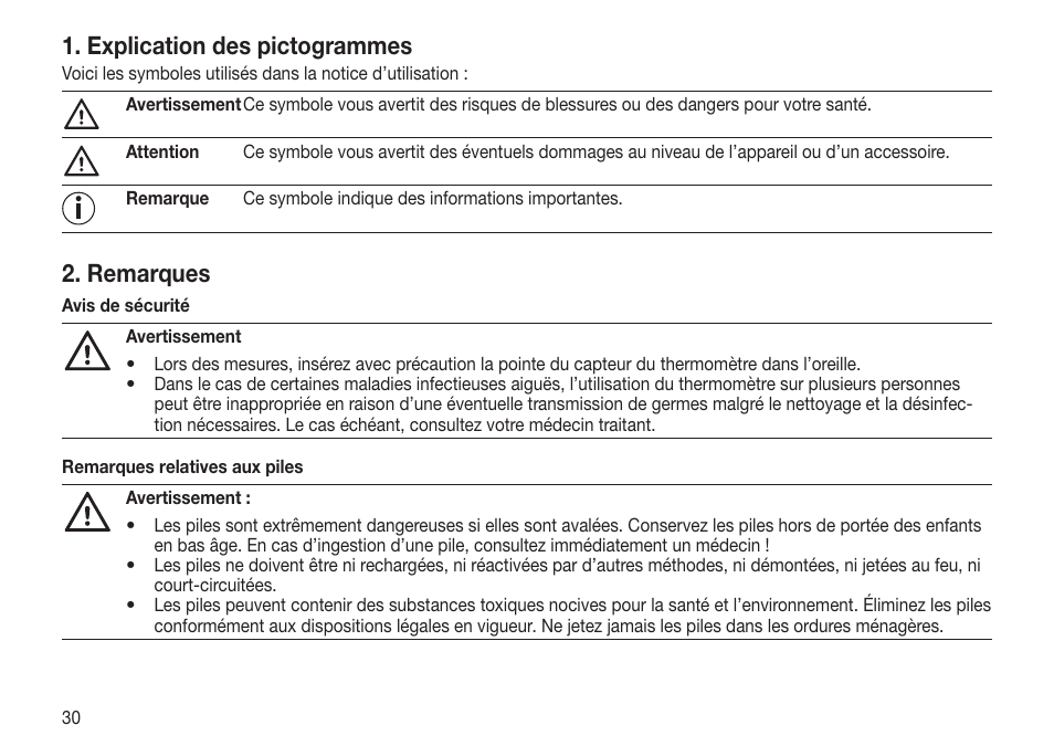 Explication des pictogrammes, Remarques | Beurer FT 65 User Manual | Page 30 / 112