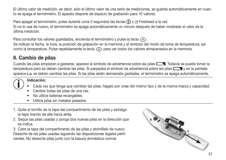 Cambio de pilas | Beurer FT 65 User Manual | Page 51 / 112