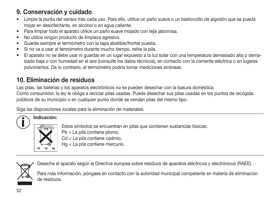 Conservación y cuidado, Eliminación de residuos | Beurer FT 65 User Manual | Page 52 / 112