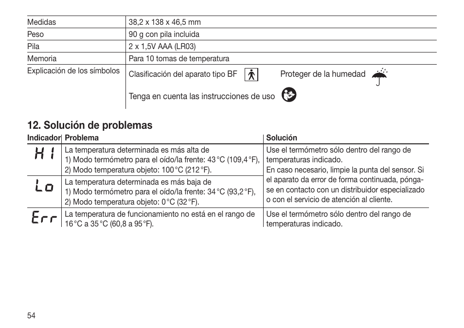 Solución de problemas | Beurer FT 65 User Manual | Page 54 / 112