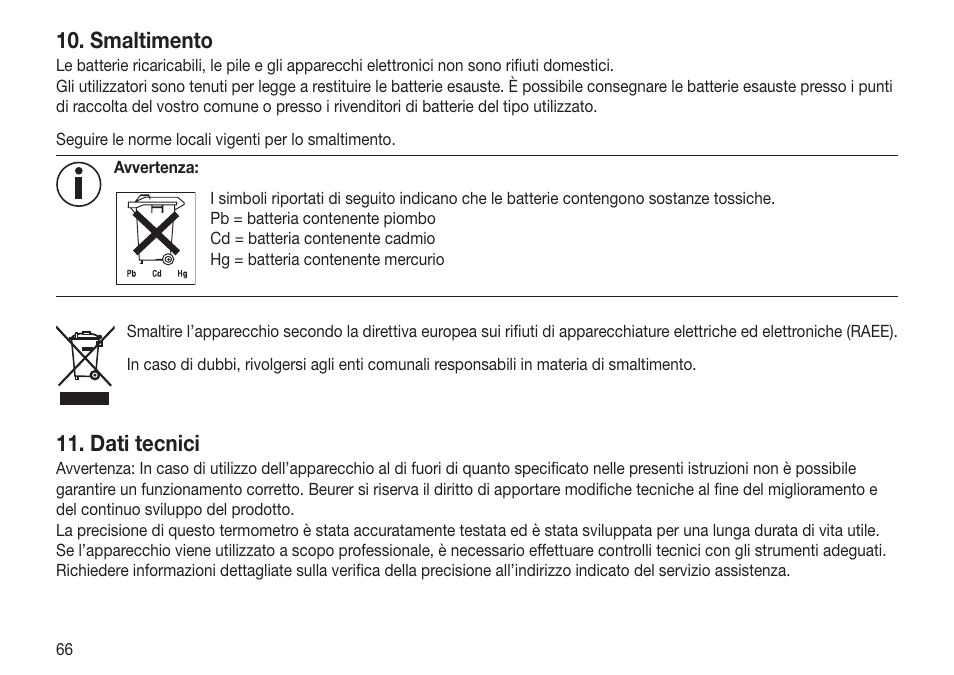 Smaltimento, Dati tecnici | Beurer FT 65 User Manual | Page 66 / 112