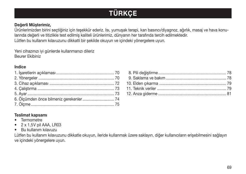 Türkçe | Beurer FT 65 User Manual | Page 69 / 112