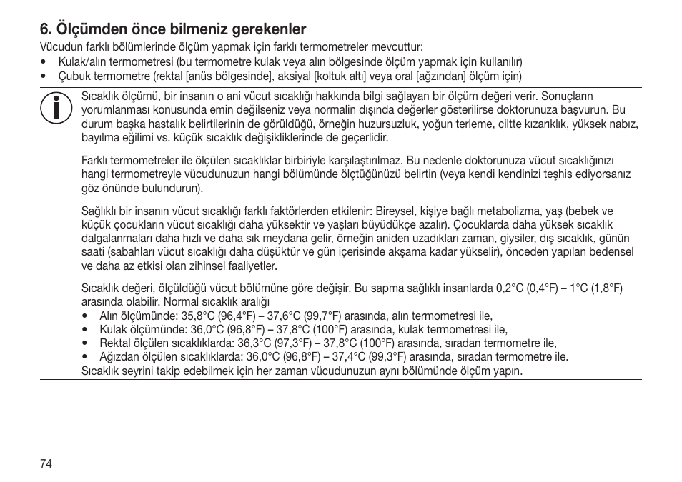 Ölçümden önce bilmeniz gerekenler | Beurer FT 65 User Manual | Page 74 / 112