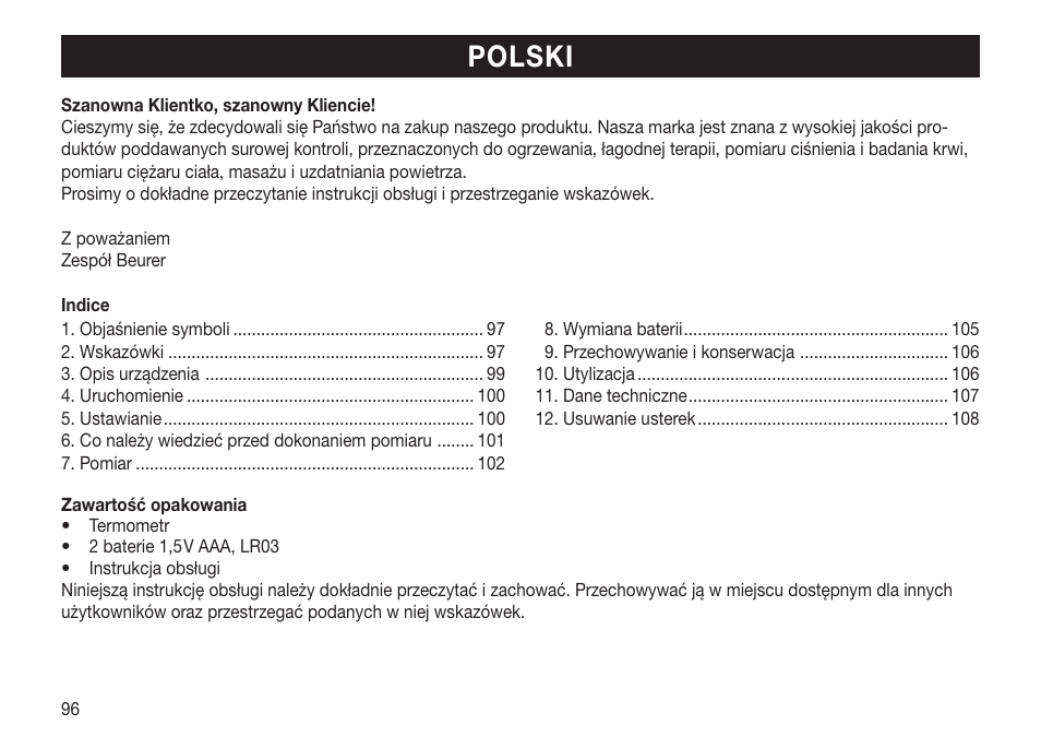 Polski | Beurer FT 65 User Manual | Page 96 / 112