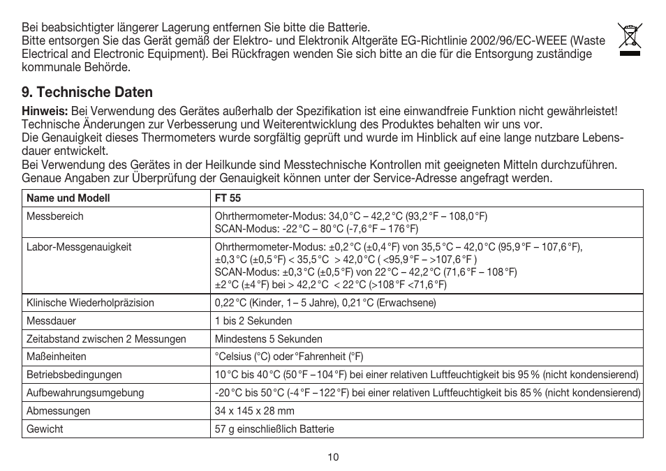Technische daten | Beurer FT 55 User Manual | Page 10 / 88