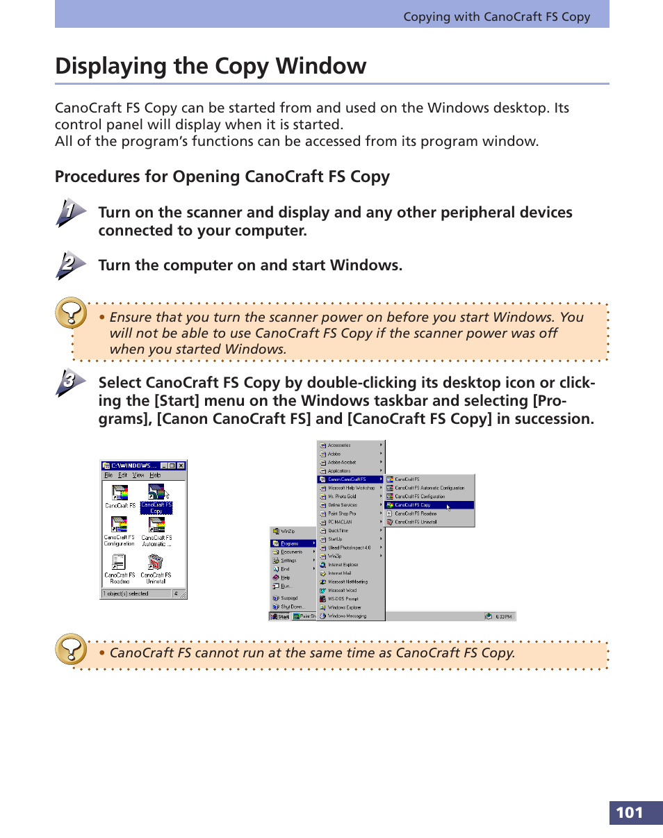 Displaying the copy window, Procedures for opening canocraft fs copy | Canon FS 3.6 User Manual | Page 101 / 135