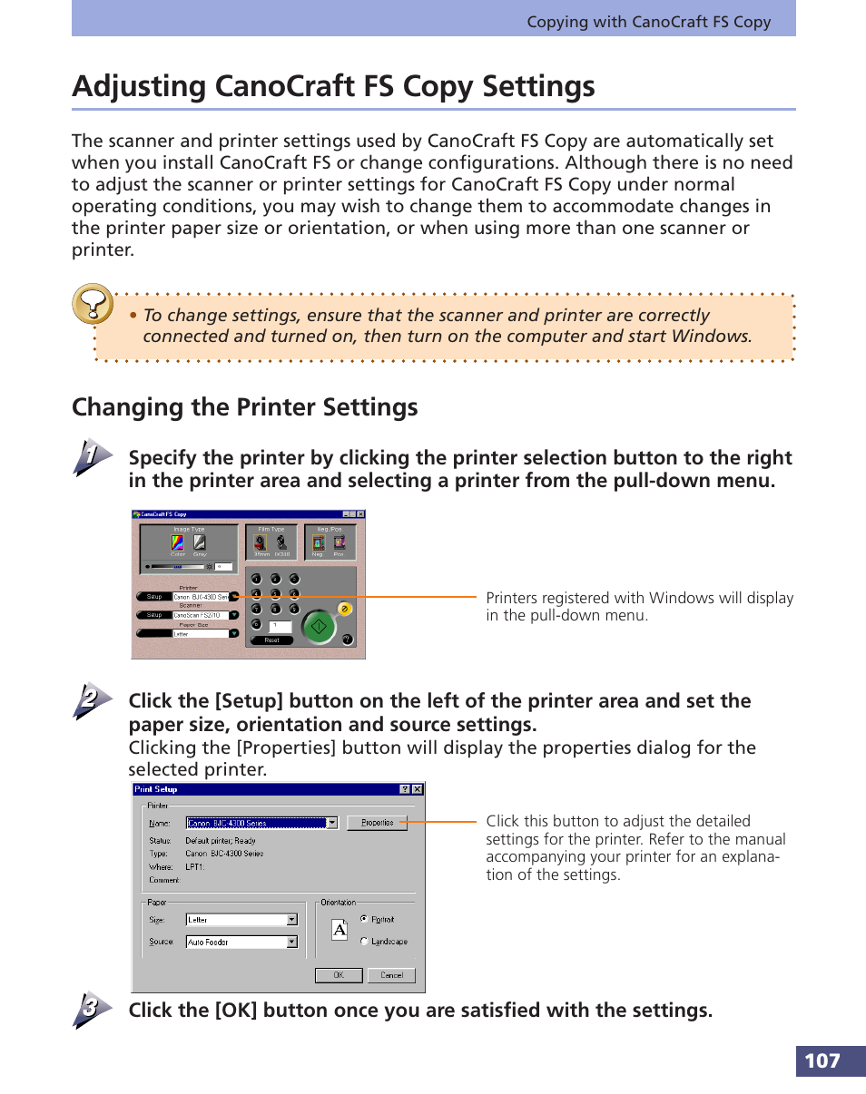 Adjusting canocraft fs copy settings, Changing the printer settings, P. 107 | Canon FS 3.6 User Manual | Page 107 / 135