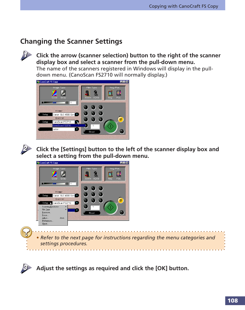 Changing the scanner settings, P. 108 | Canon FS 3.6 User Manual | Page 108 / 135