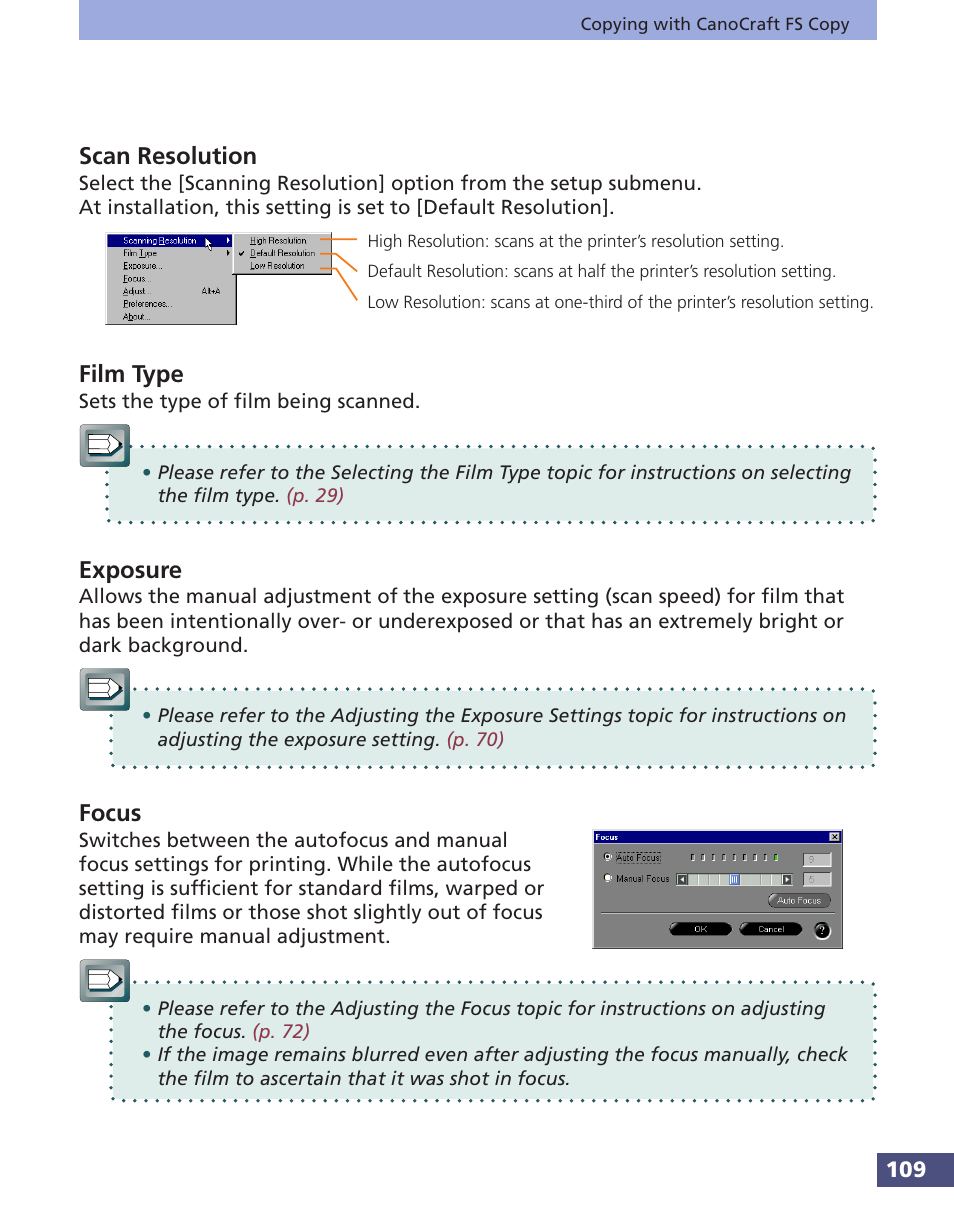 Scan resolution film type exposure focus, Scan resolution, Film type | Exposure, Focus | Canon FS 3.6 User Manual | Page 109 / 135